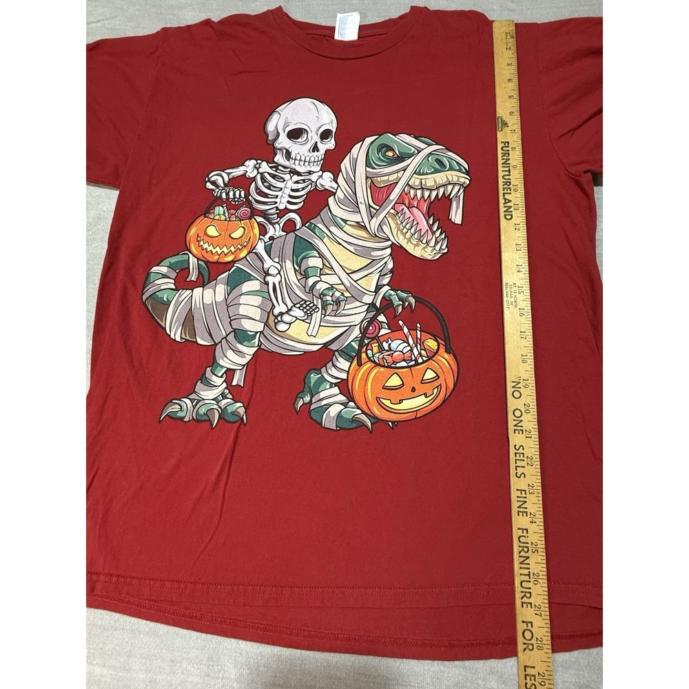 Funny‎ Skeleton Riding Mummy T-Rex Dinosaur Halloween T-Shirt Red Men's XL - Picture 2 of 5
